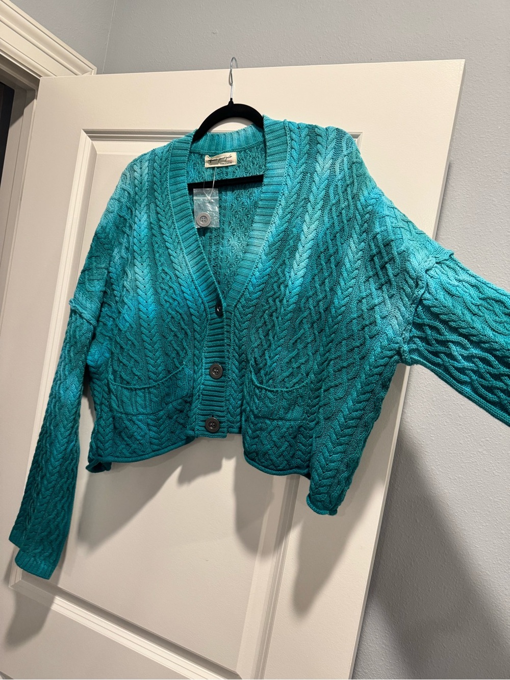 NWOT Free People Washed Ashore Cable Knit Cardi - Teal XSMALL - Picture 12 of 14